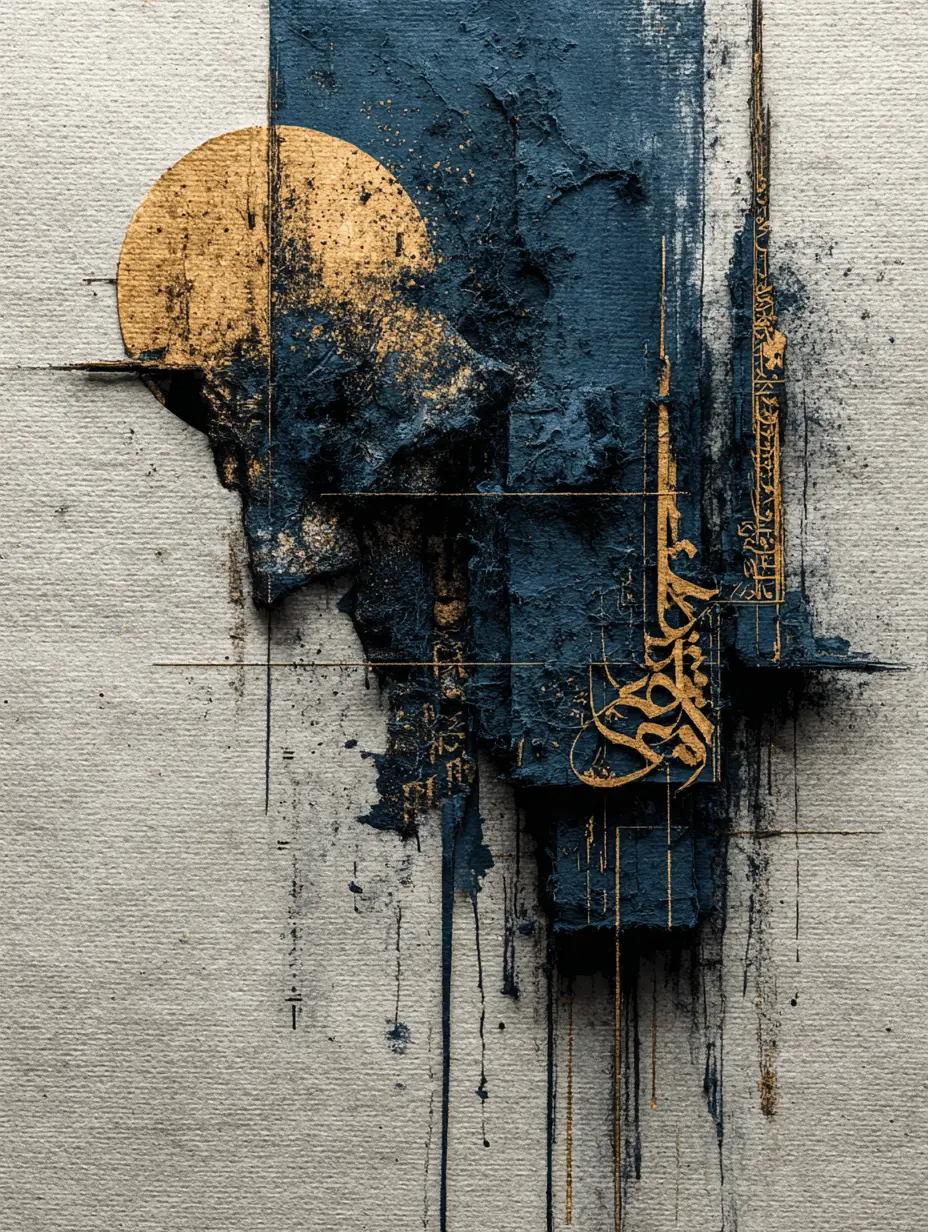 Composition abstraite bleu profond et or sur papier texturé avec calligraphie et coulures