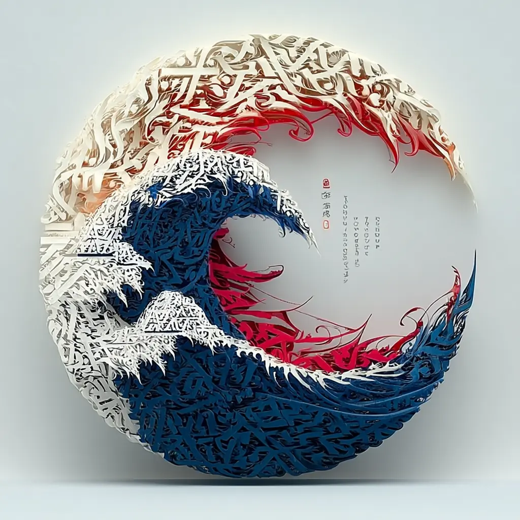 Vague circulaire en volume composée de lettres calligraphiques blanches, bleues et rouges
