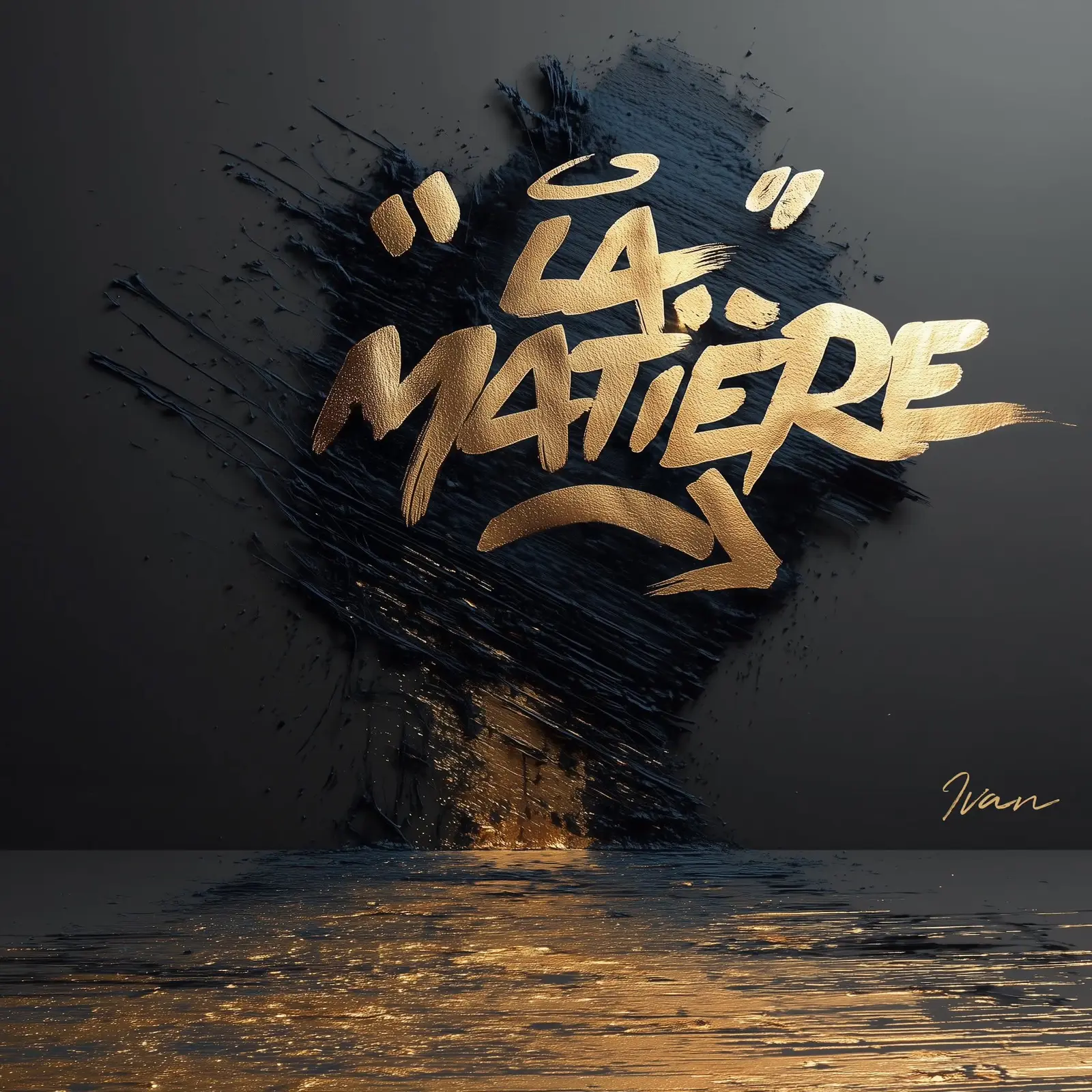 Lettrage doré « La matière » peint sur une large trace noire texturée