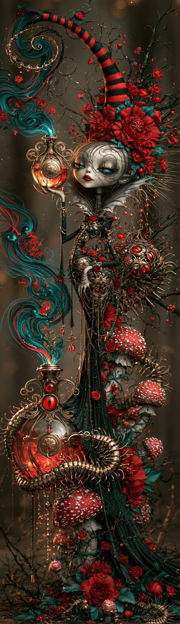 Marque-page illustré représentant une alchimiste entourée de roses rouges, de fioles et de champignons