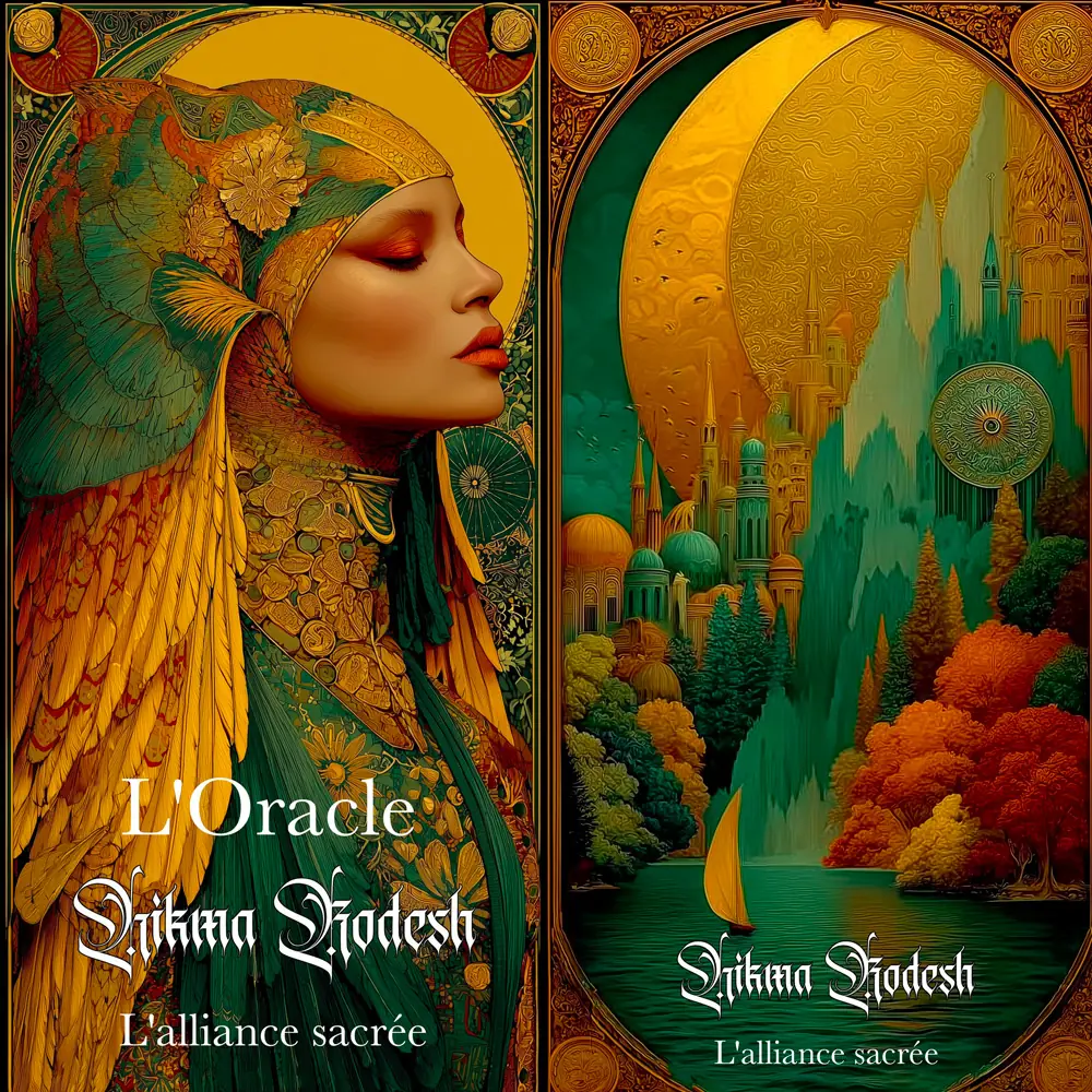 Deux illustrations richement ornées de l’Oracle Hikma Kodesh, dans une palette or, vert et rouge