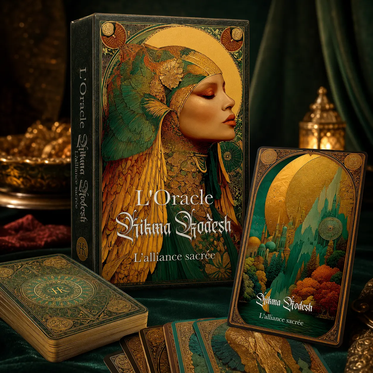 Packshot de l’Oracle Hikma Kodesh avec son coffret, une carte présentée et le jeu posé sur un velours vert