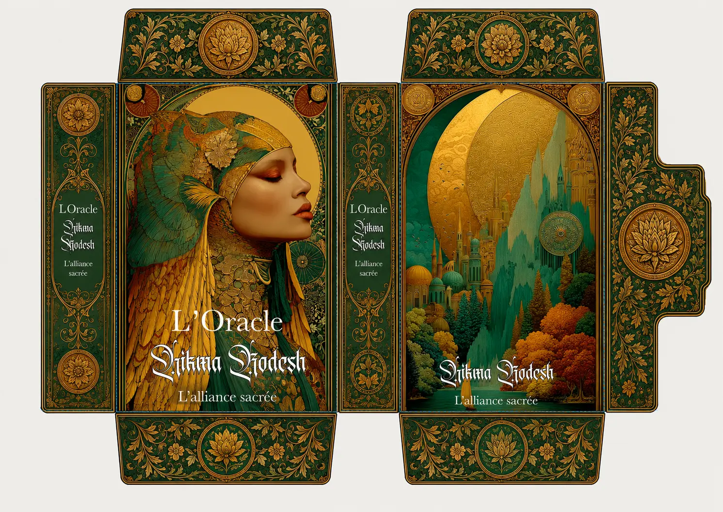 Gabarit à plat du coffret de l’Oracle Hikma Kodesh, entièrement décoré de motifs floraux verts et dorés