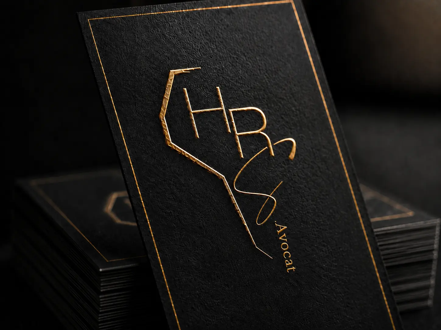 Carte de visite noire texturée avec monogramme HRS doré pour un cabinet d’avocat