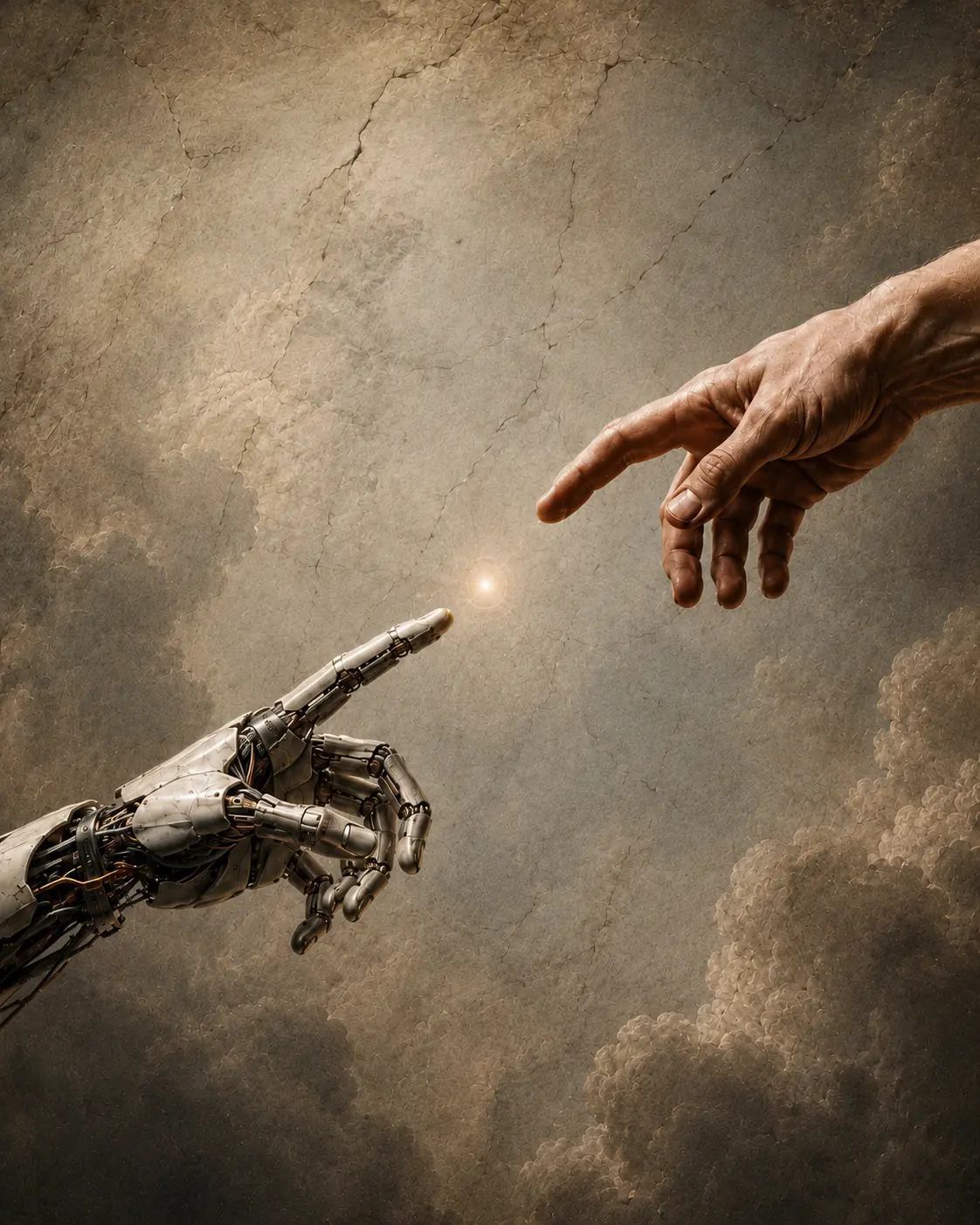 Une main humaine et une main robotique se rejoignent dans une lumière centrale