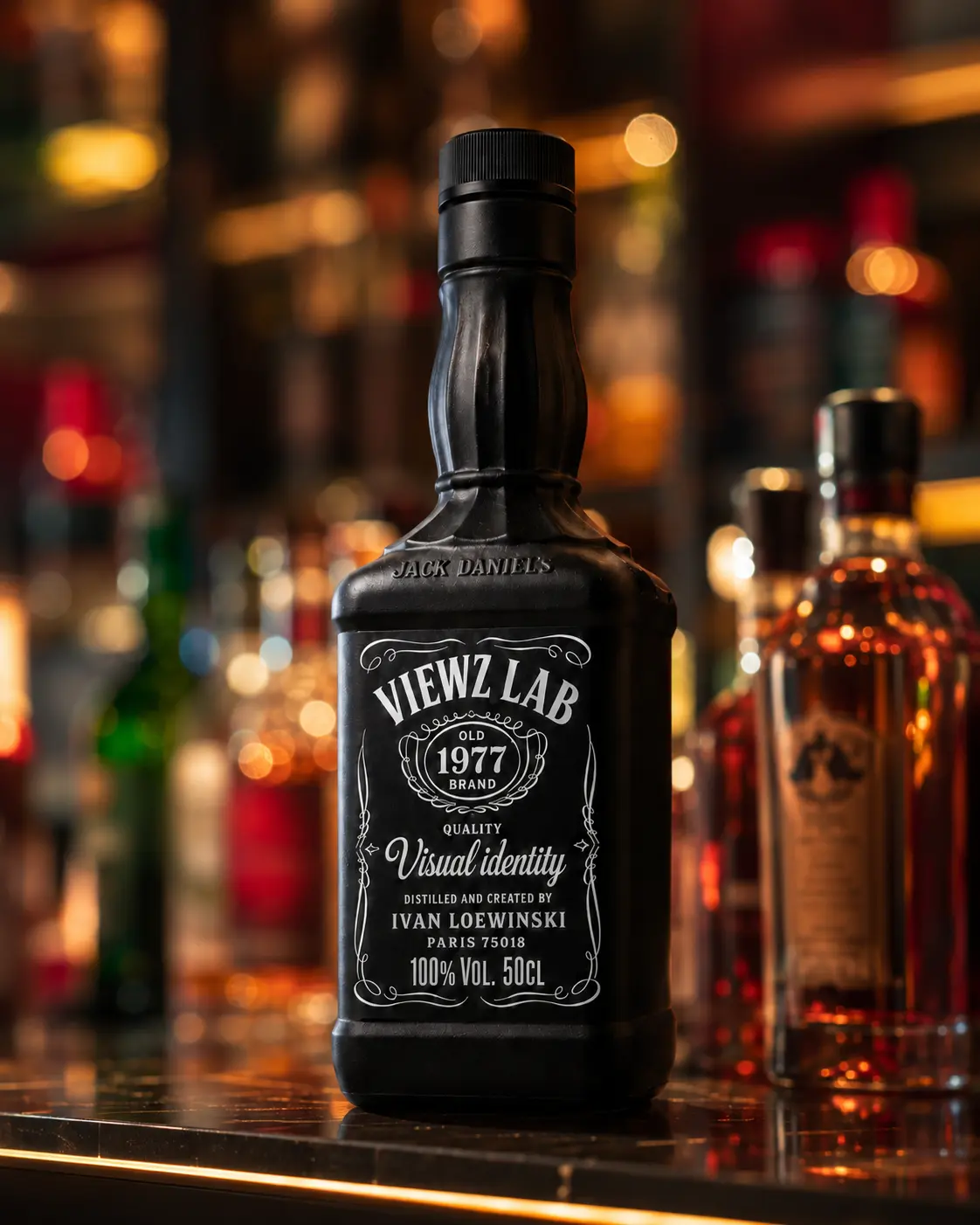 Bouteille noire portant une étiquette VIEWZ, mise en scène dans un bar aux lumières chaudes