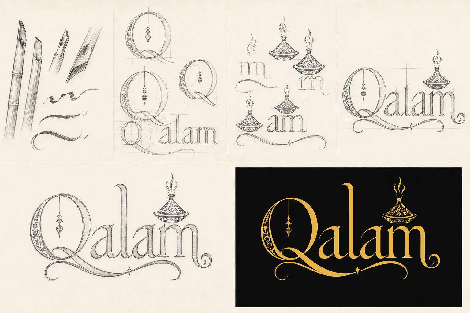 Processus créatif du logo Qalam montrant la recherche autour du roseau de scribe, la construction calligraphique du mot, l’intégration du tajine et l’assemblage de la signature finale