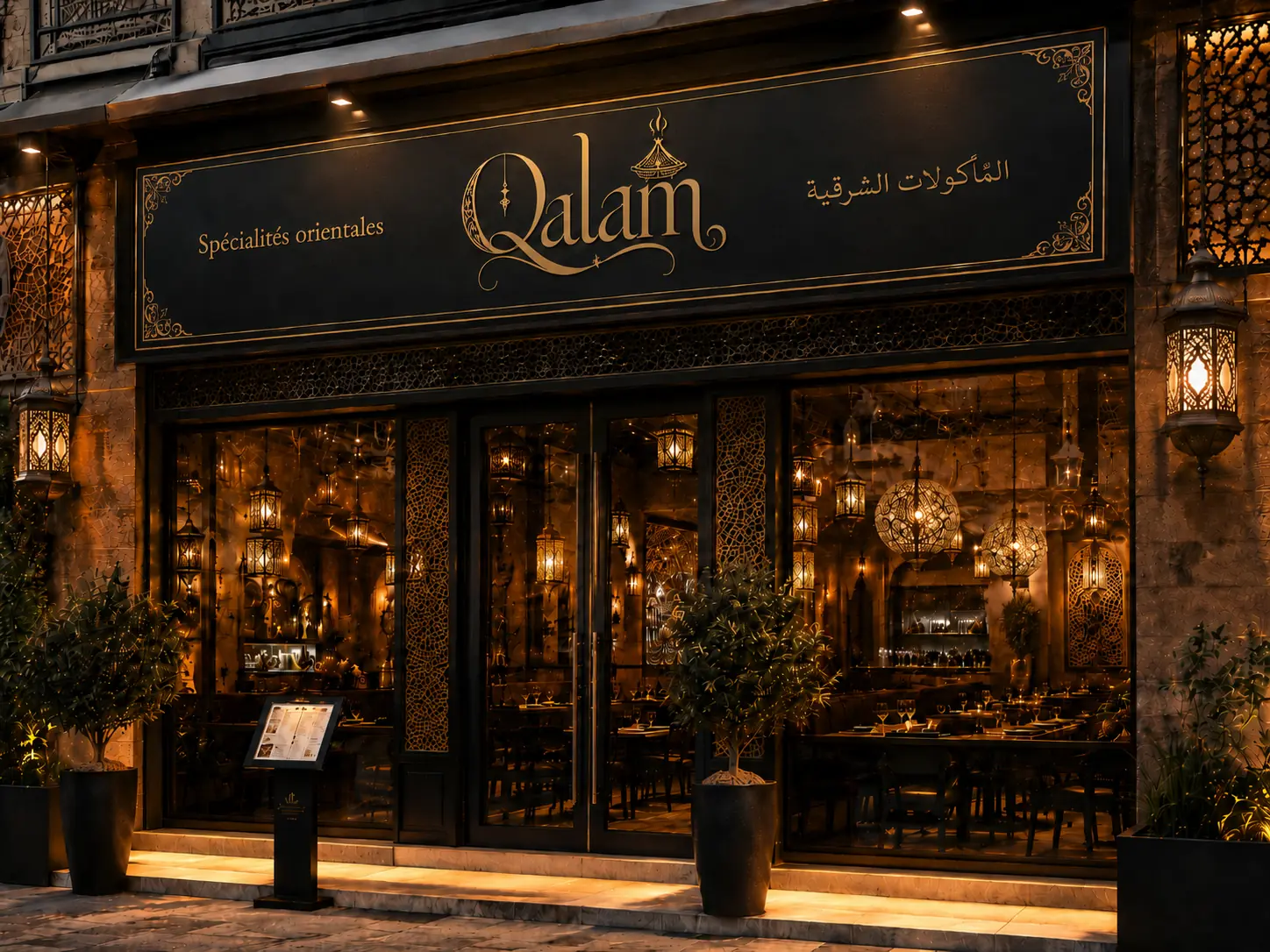 Devanture nocturne du restaurant Qalam avec enseigne noire et dorée
