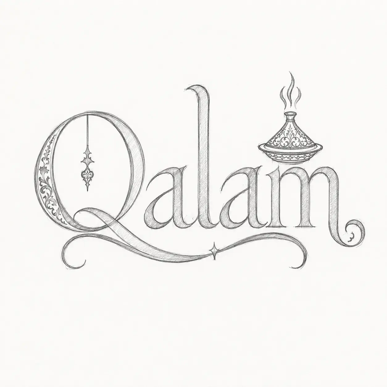 Dessin au crayon du logotype Qalam avec tajine et ornements