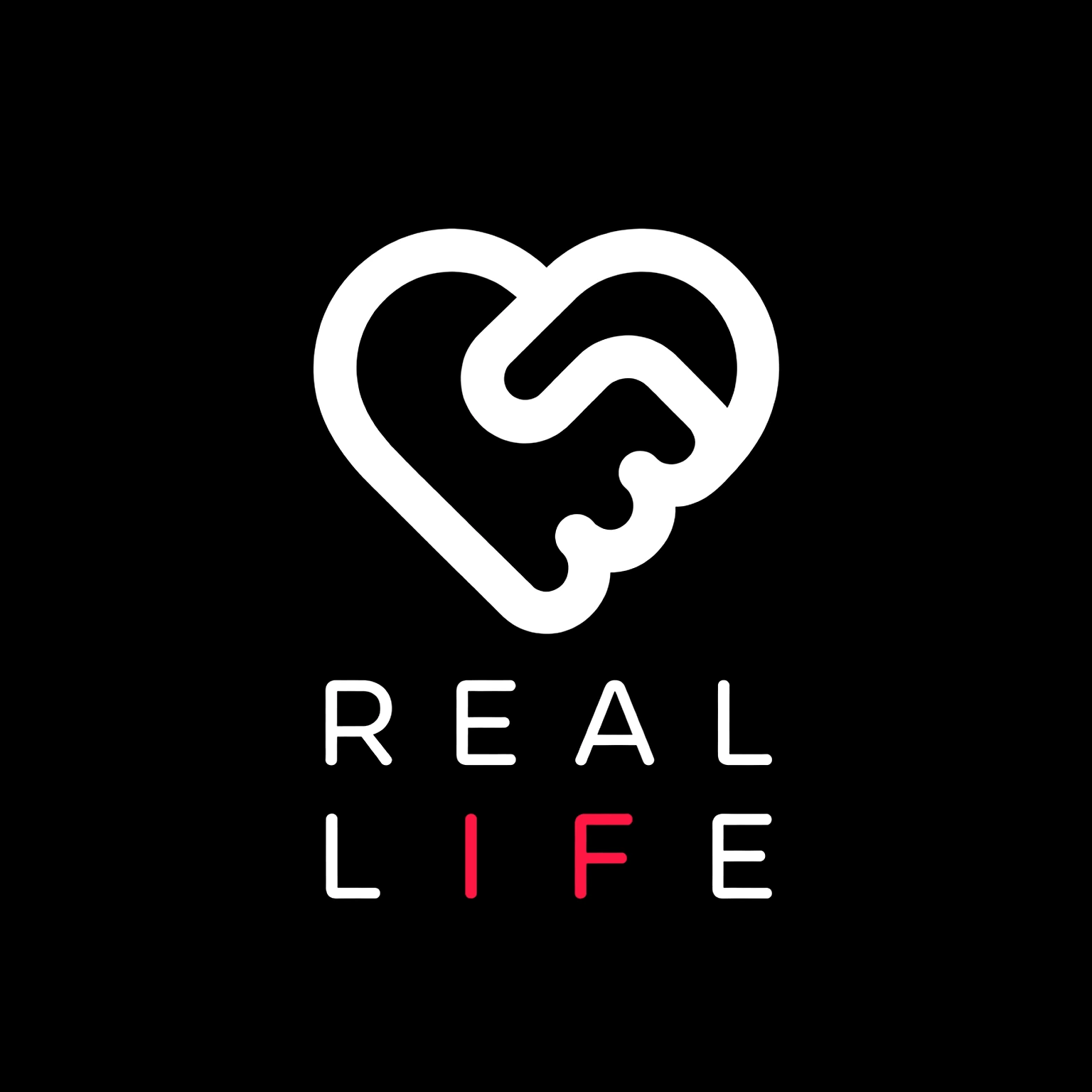 Déclinaison blanche sur fond noir du logo REAL LIFE avec les lettres I et F rouges