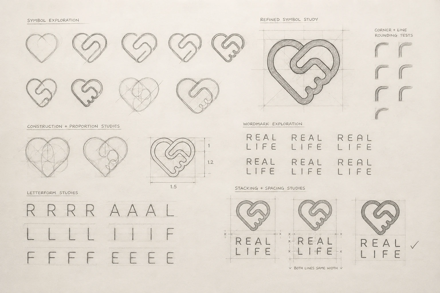Planche de recherches au crayon graphite du symbole et du logotype REAL LIFE