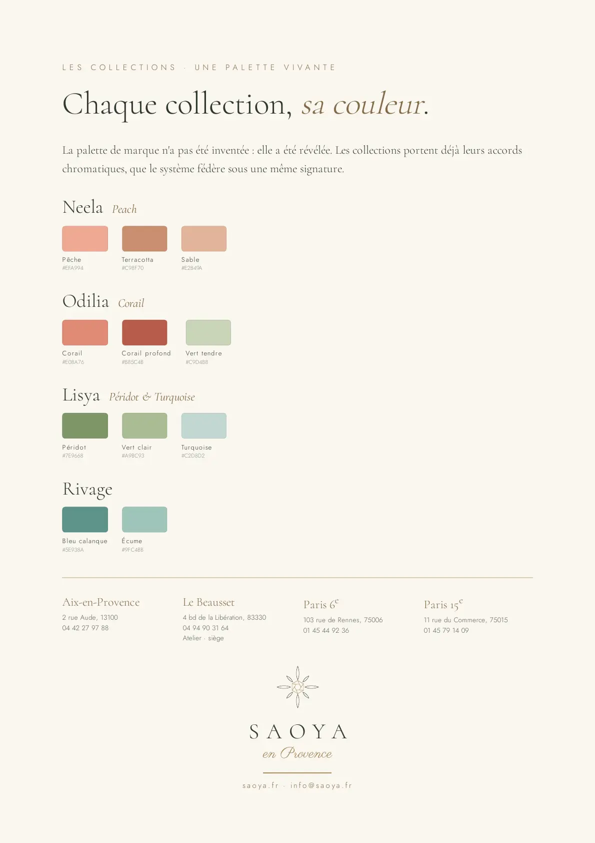 Planche présentant les palettes des collections et les déclinaisons de l’identité SAOYA
