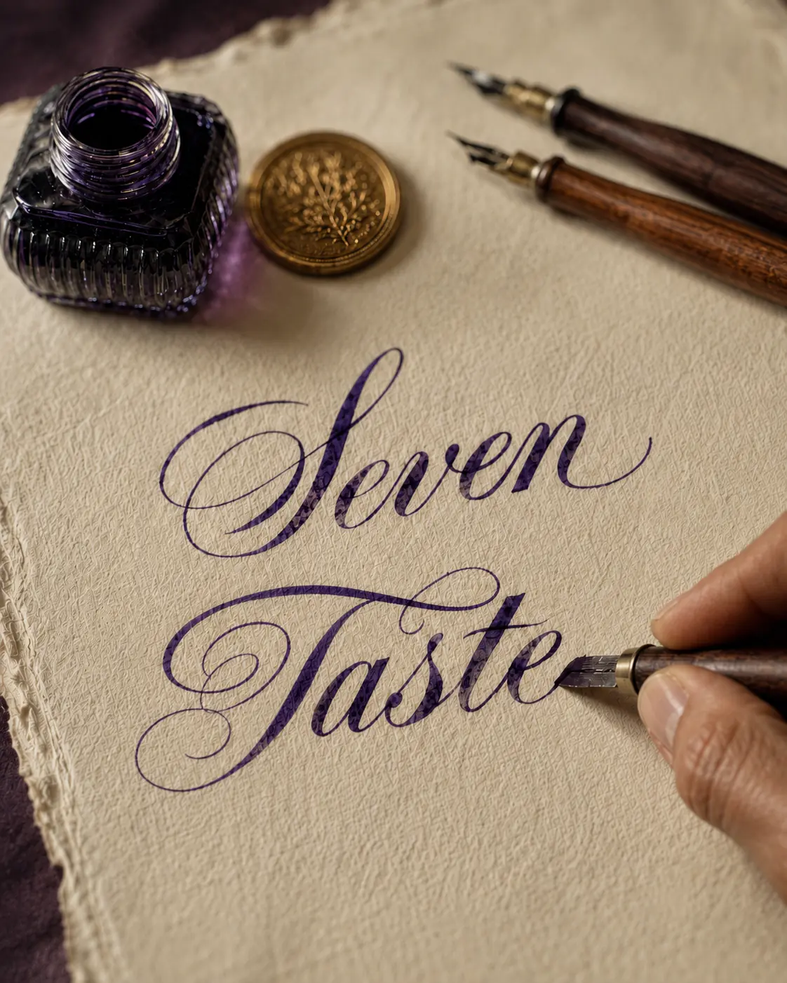 Calligraphie Seven Taste à la plume sur papier texturé, dans un style Copperplate