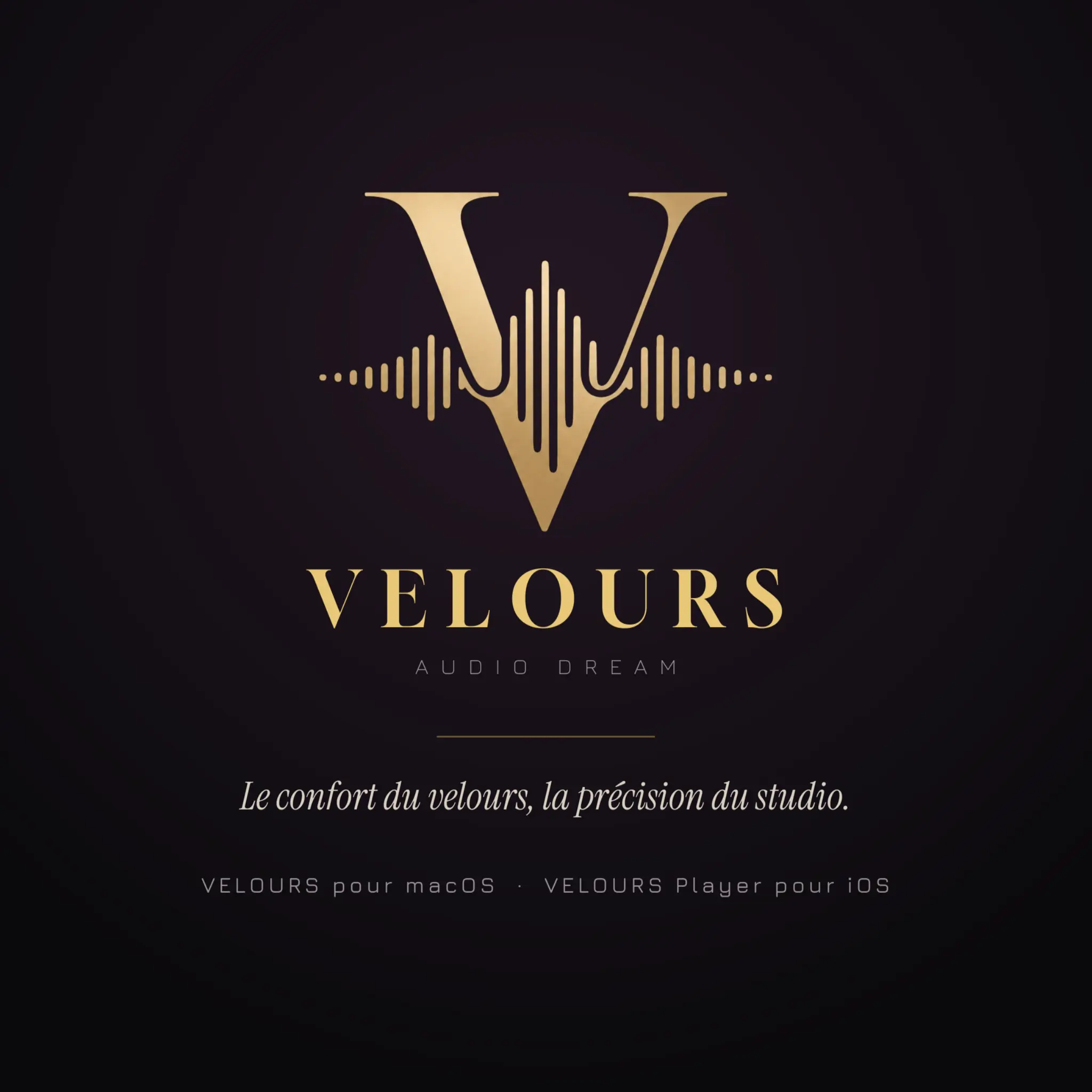 Identité Velours Audio Dream pour application iOS et macOS, avec un V doré traversé par une onde sonore